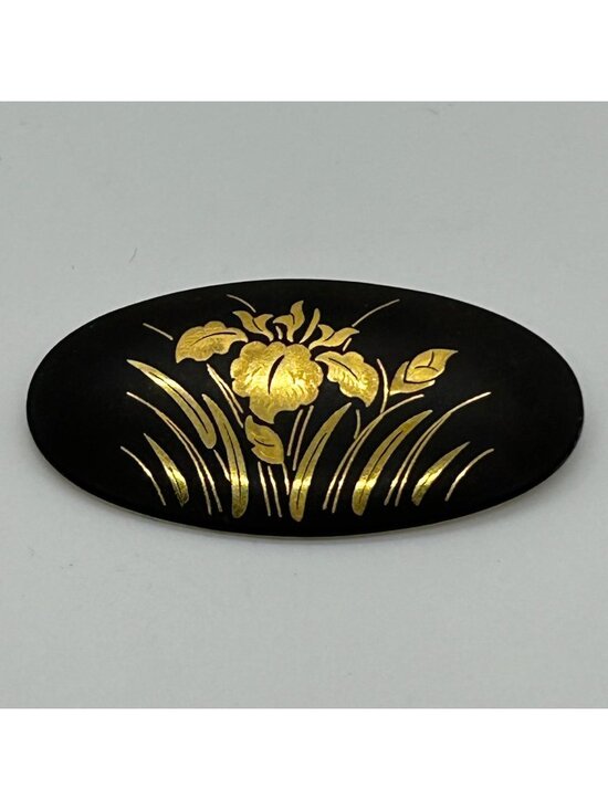 Esstate Jewelry - Vintage Japanese Damascene Brooch Gold-tone Inlay Black Oval Iris Flower Pin